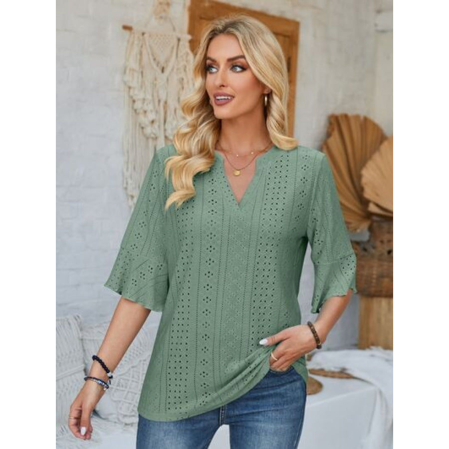 Eyelet Notched Half Sleeve T - Shirt Sage / S Apparel and Accessories