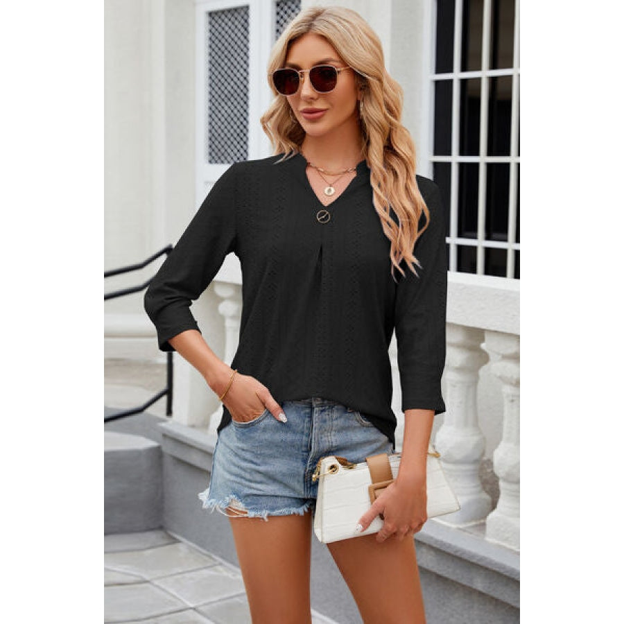 Eyelet Notched Knit Jacquard Top Black / S Clothing