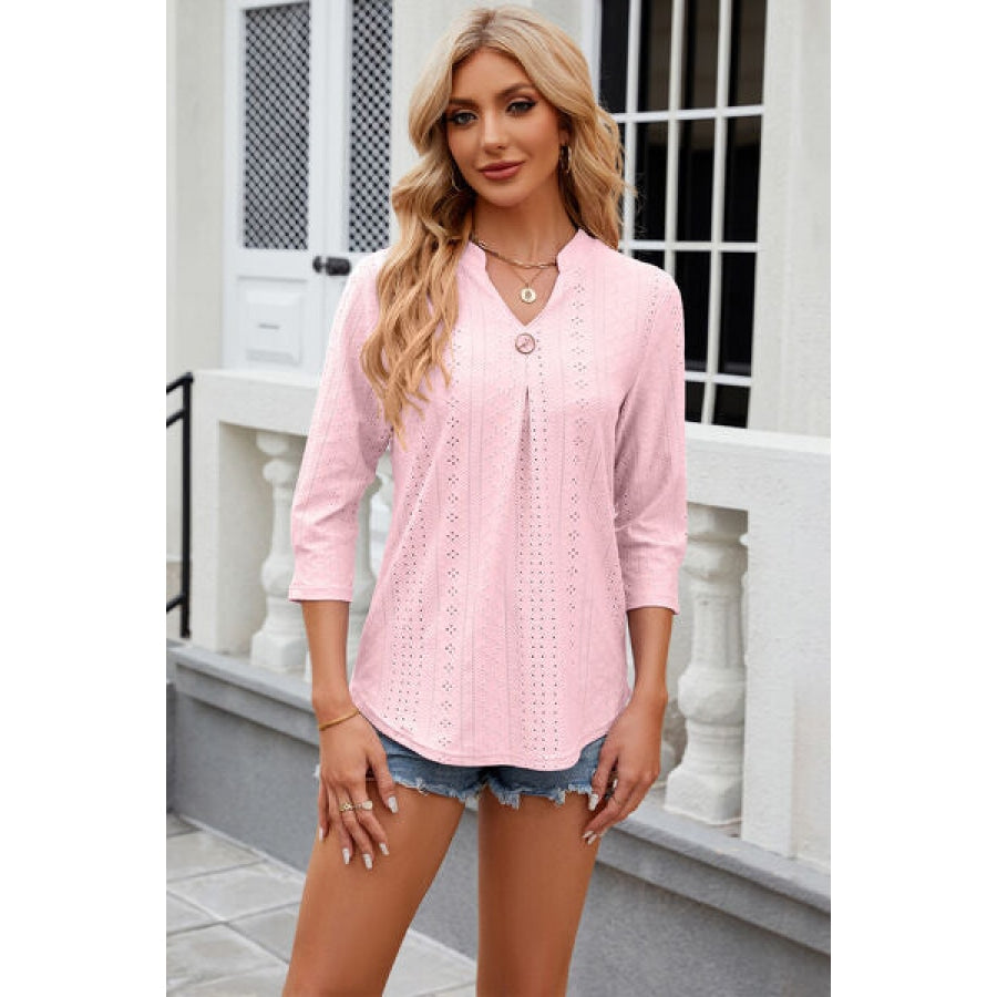 Eyelet Notched Knit Jacquard Top Blush Pink / S Clothing