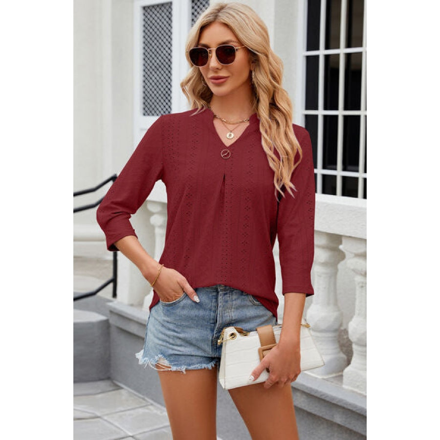 Eyelet Notched Knit Jacquard Top Clothing