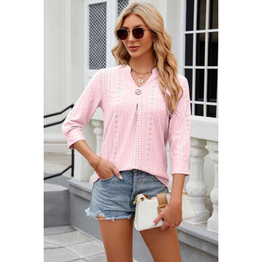 Eyelet Notched Knit Jacquard Top Clothing