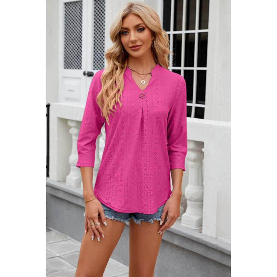 Eyelet Notched Knit Jacquard Top Clothing