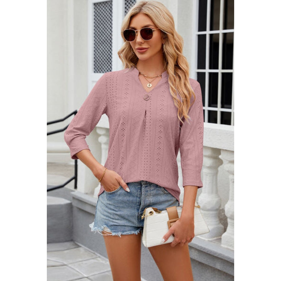 Eyelet Notched Knit Jacquard Top Clothing