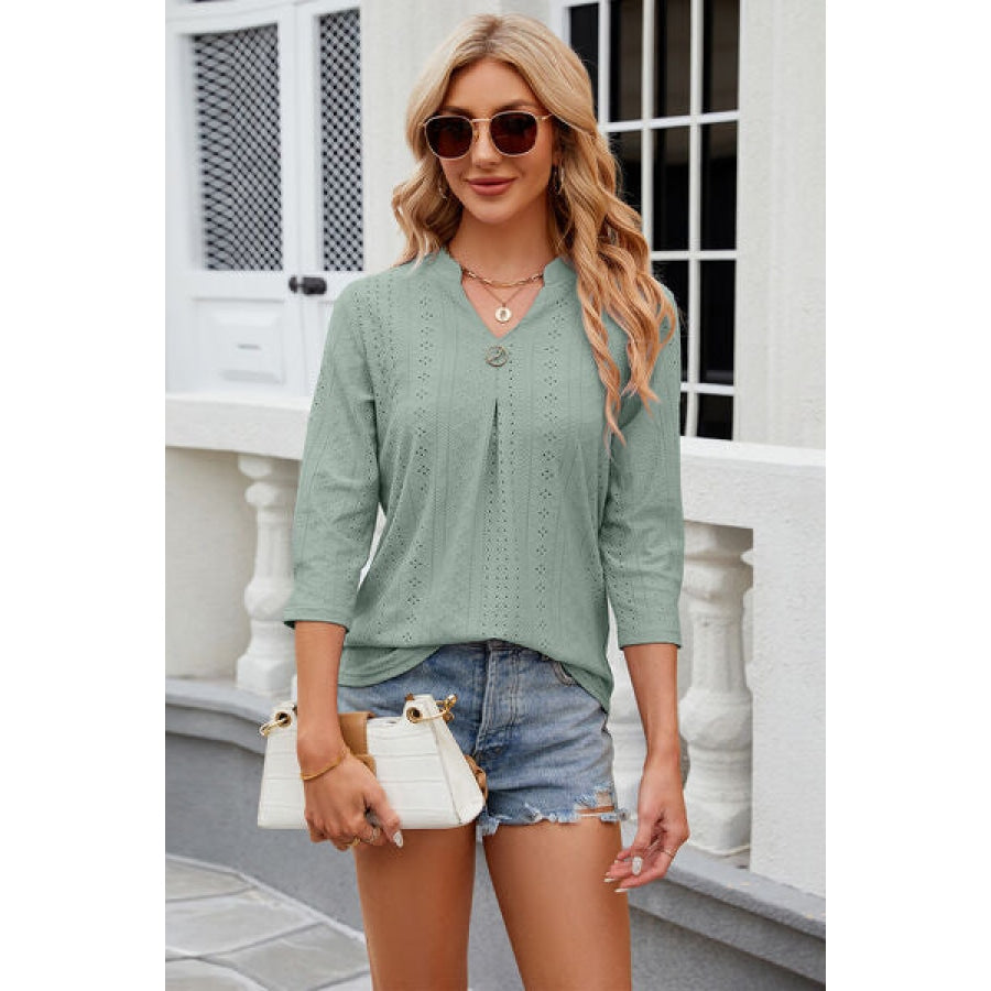 Eyelet Notched Knit Jacquard Top Clothing