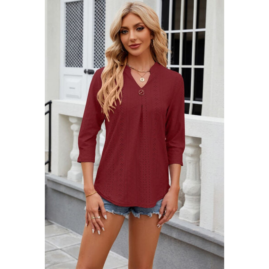 Eyelet Notched Knit Jacquard Top Clothing