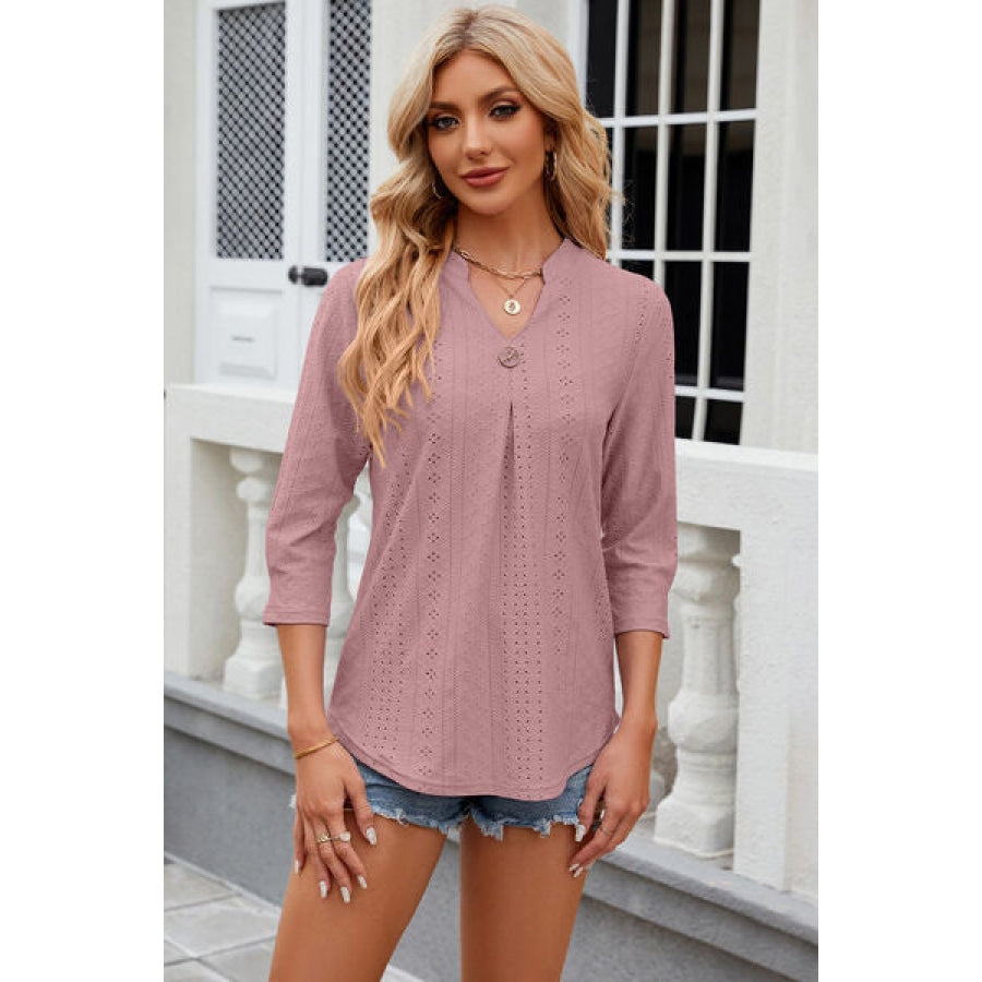 Eyelet Notched Knit Jacquard Top Dusty Pink / S Clothing