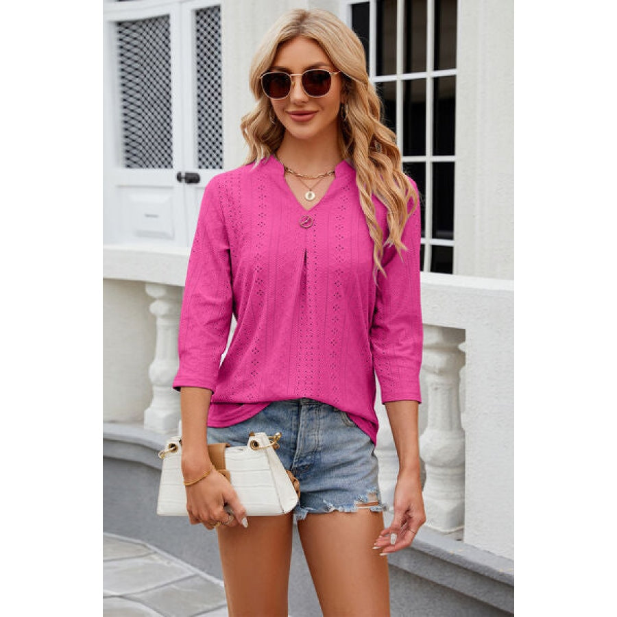 Eyelet Notched Knit Jacquard Top Hot Pink / S Clothing