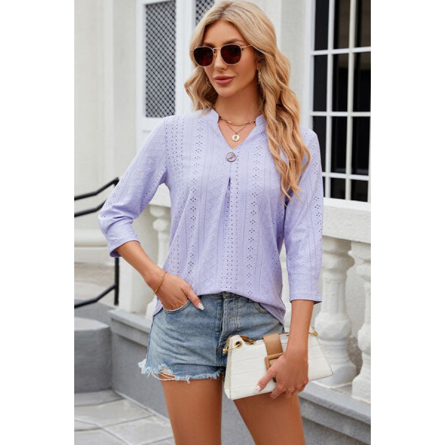 Eyelet Notched Knit Jacquard Top Lavender / S Clothing