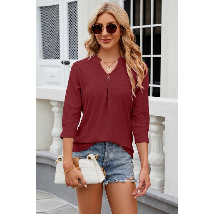 Eyelet Notched Knit Jacquard Top Wine / S Clothing