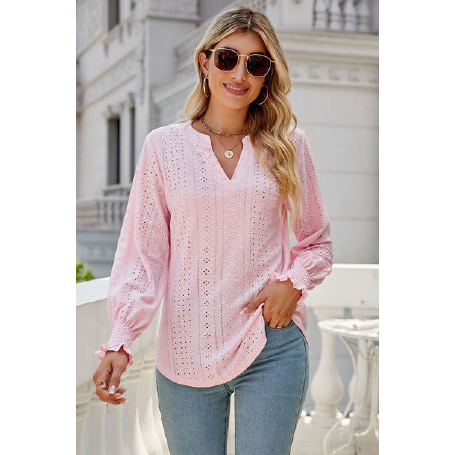 Eyelet Notched Lantern Sleeve T-Shirt Blush Pink / S Clothing