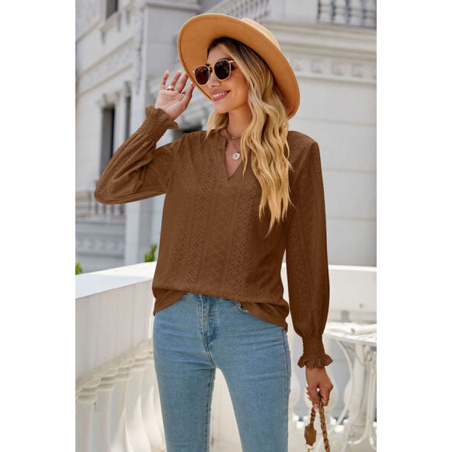 Eyelet Notched Lantern Sleeve T-Shirt Caramel / S Clothing