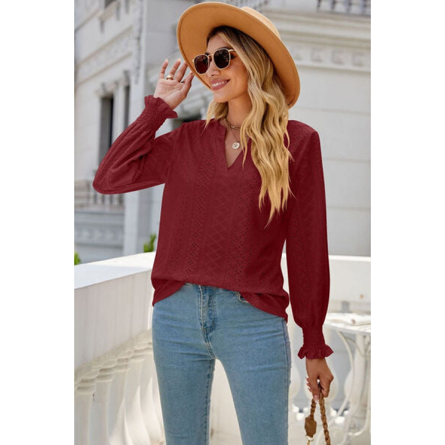 Eyelet Notched Lantern Sleeve T-Shirt Deep Red / S Clothing