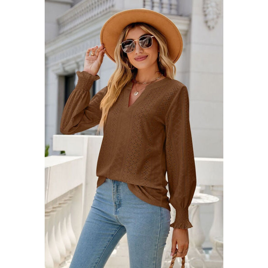 Eyelet Notched Lantern Sleeve T-Shirt Clothing