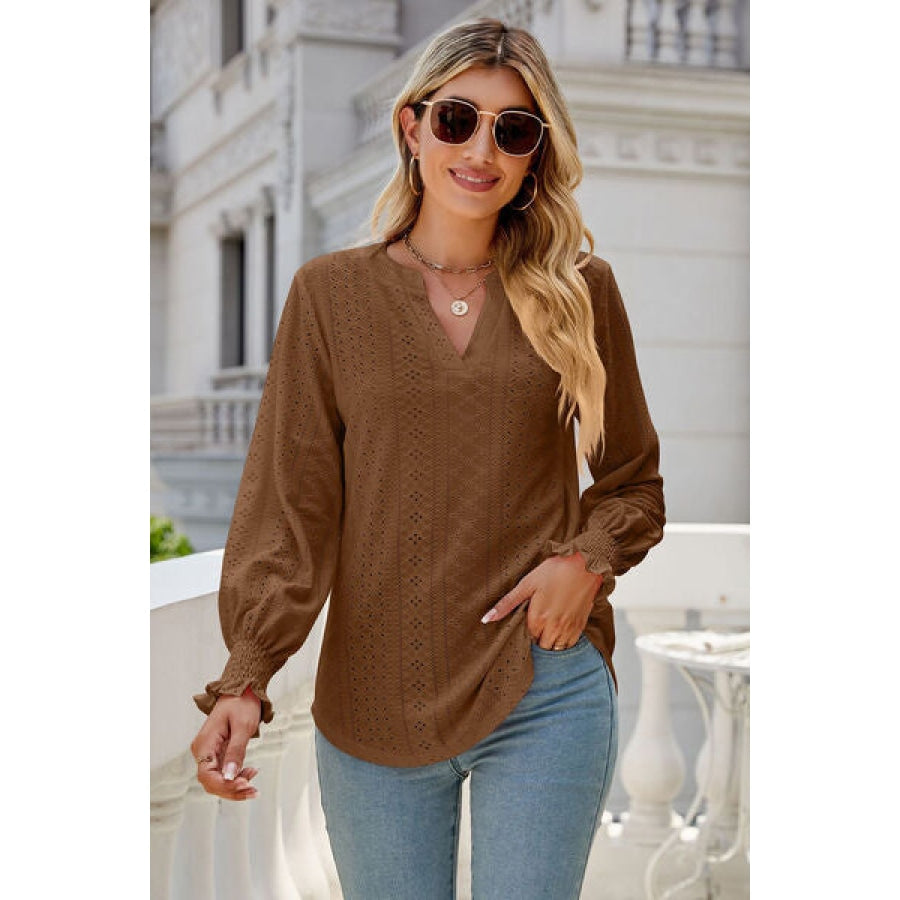 Eyelet Notched Lantern Sleeve T-Shirt Clothing