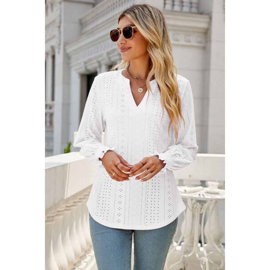 Eyelet Notched Lantern Sleeve T-Shirt Clothing