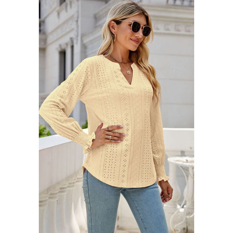 Eyelet Notched Lantern Sleeve T-Shirt Clothing