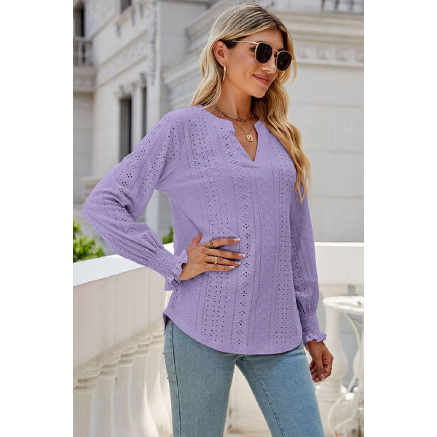 Eyelet Notched Lantern Sleeve T-Shirt Clothing