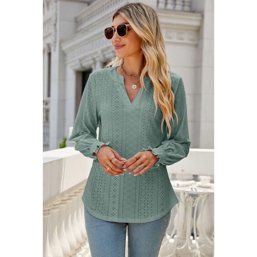 Eyelet Notched Lantern Sleeve T-Shirt Clothing