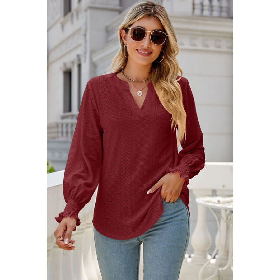 Eyelet Notched Lantern Sleeve T-Shirt Clothing