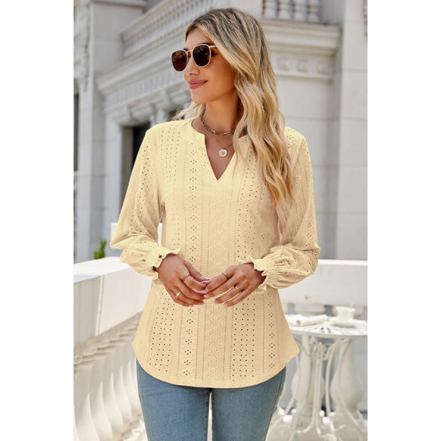 Eyelet Notched Lantern Sleeve T-Shirt Clothing