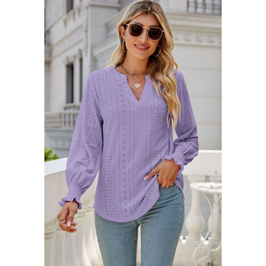 Eyelet Notched Lantern Sleeve T-Shirt Clothing