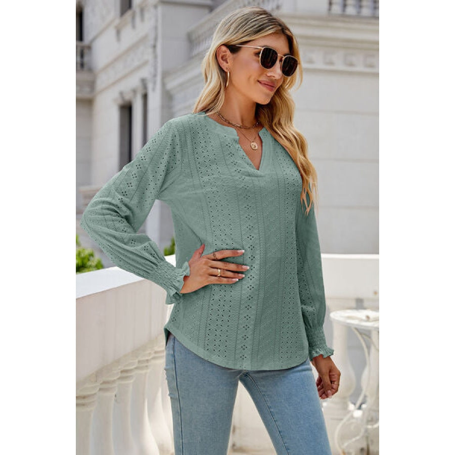 Eyelet Notched Lantern Sleeve T-Shirt Clothing