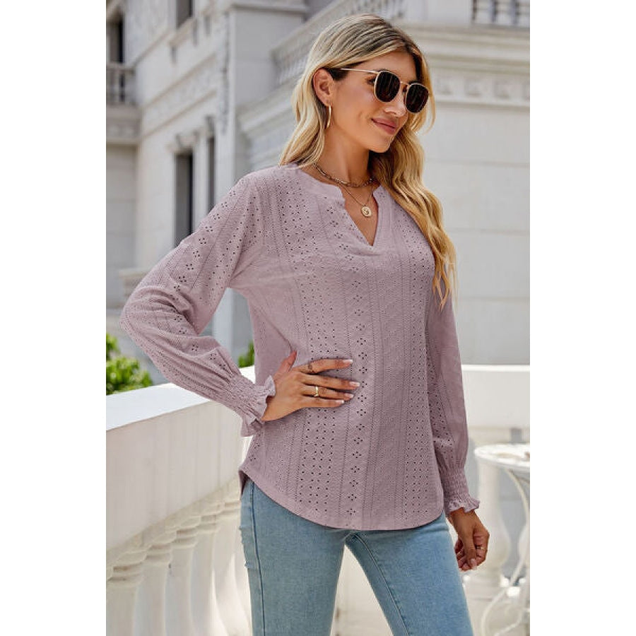 Eyelet Notched Lantern Sleeve T-Shirt Clothing