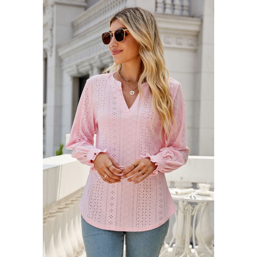 Eyelet Notched Lantern Sleeve T-Shirt Clothing