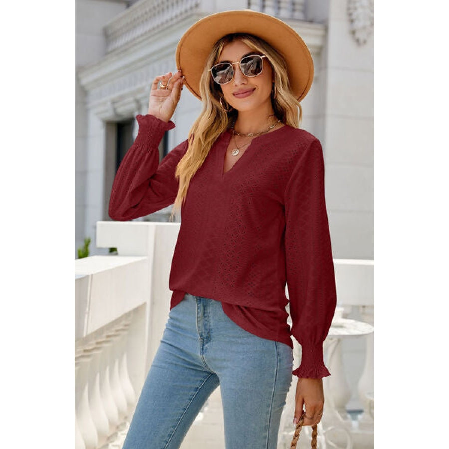 Eyelet Notched Lantern Sleeve T-Shirt Deep Red / S Clothing