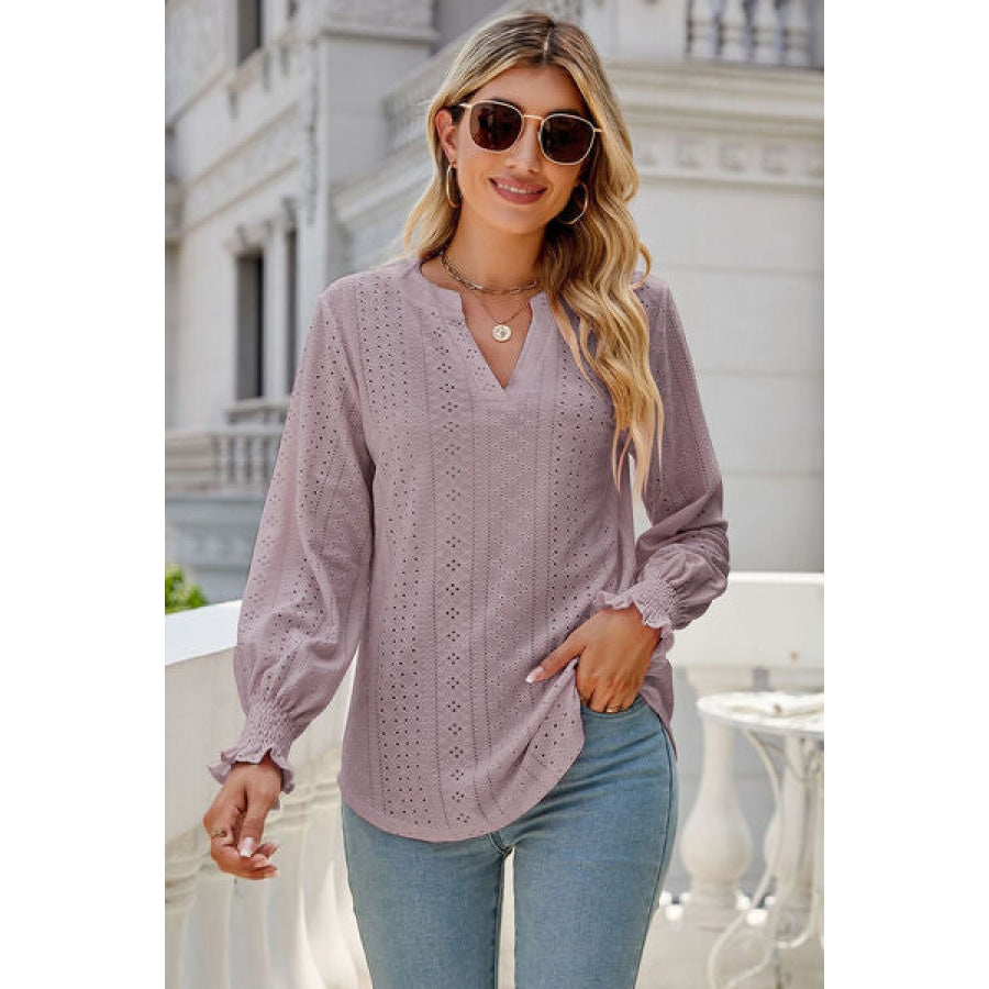 Eyelet Notched Lantern Sleeve T-Shirt Dusty Purple / S Clothing