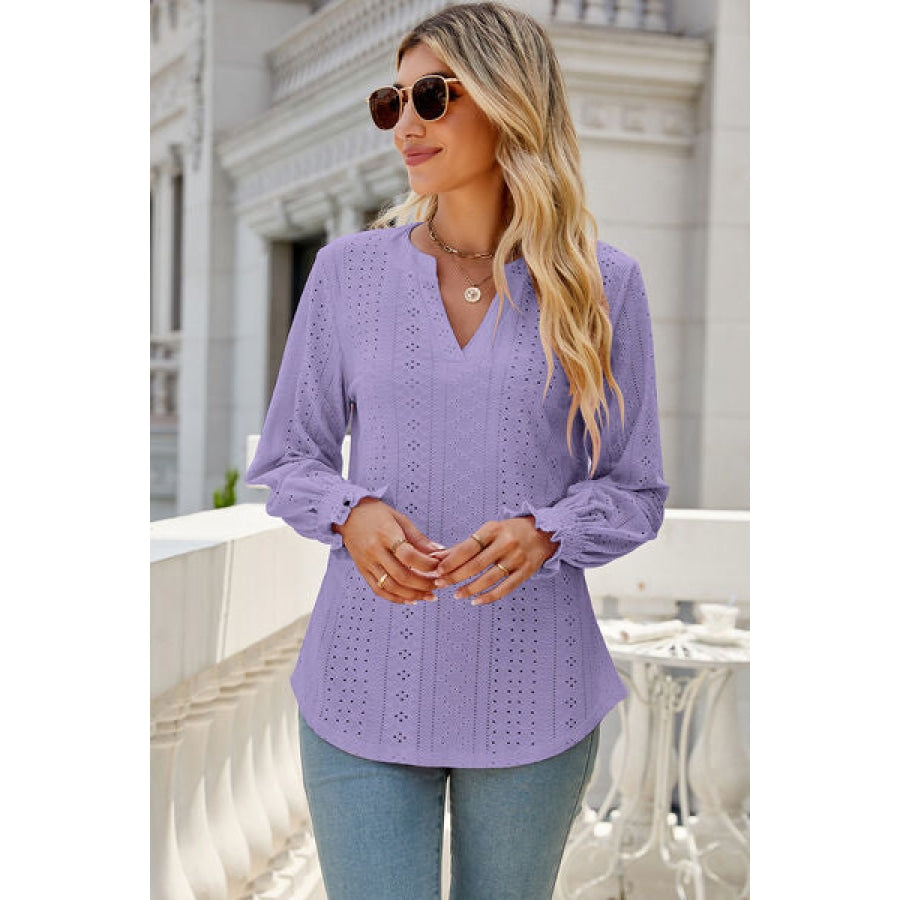 Eyelet Notched Lantern Sleeve T-Shirt Lavender / S Clothing