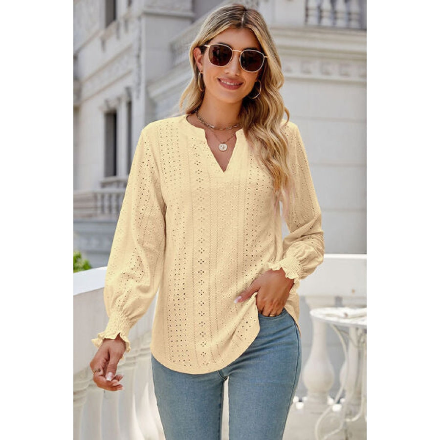 Eyelet Notched Lantern Sleeve T-Shirt Pastel Yellow / S Clothing