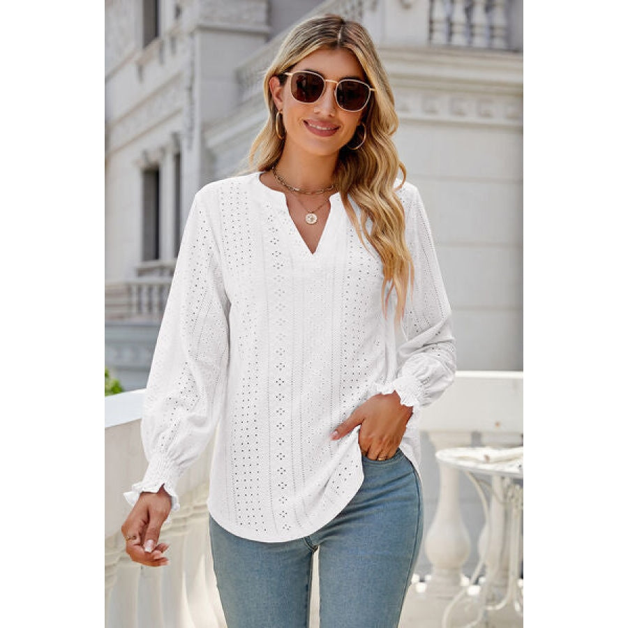 Eyelet Notched Lantern Sleeve T-Shirt White / S Clothing