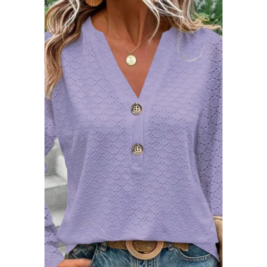 Eyelet Notched Long Sleeve T - Shirt Apparel and Accessories