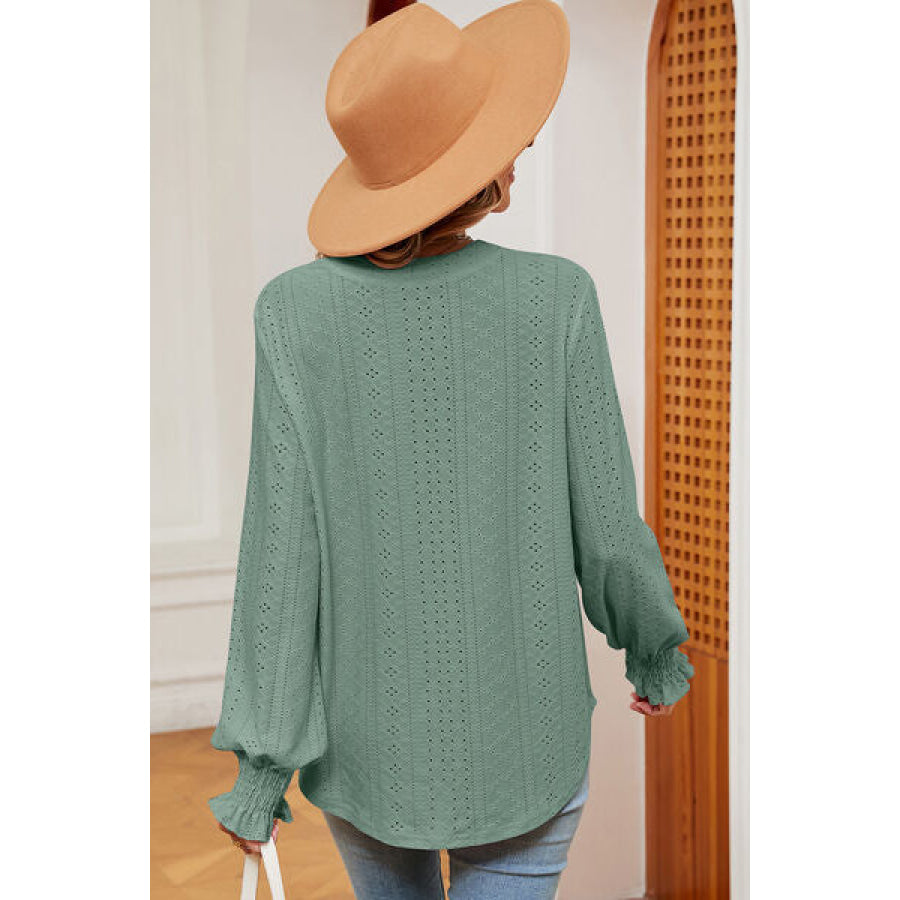 Eyelet Notched Long Sleeve T - Shirt Apparel and Accessories