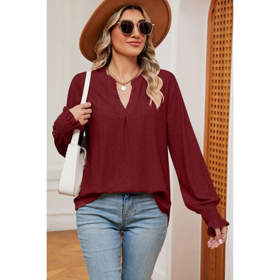 Eyelet Notched Long Sleeve T - Shirt Apparel and Accessories