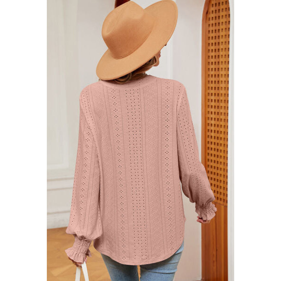 Eyelet Notched Long Sleeve T - Shirt Apparel and Accessories