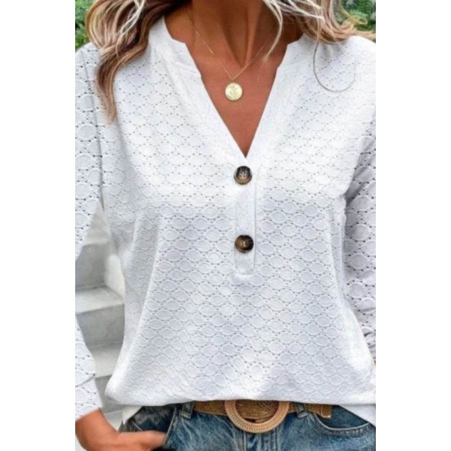 Eyelet Notched Long Sleeve T - Shirt Apparel and Accessories