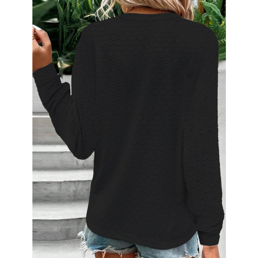Eyelet Notched Long Sleeve T - Shirt Apparel and Accessories