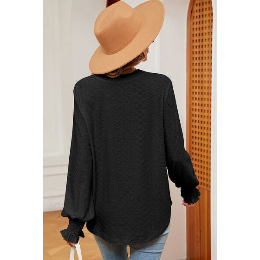 Eyelet Notched Long Sleeve T - Shirt Apparel and Accessories