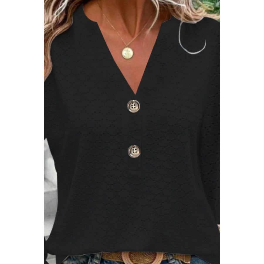 Eyelet Notched Long Sleeve T - Shirt Apparel and Accessories