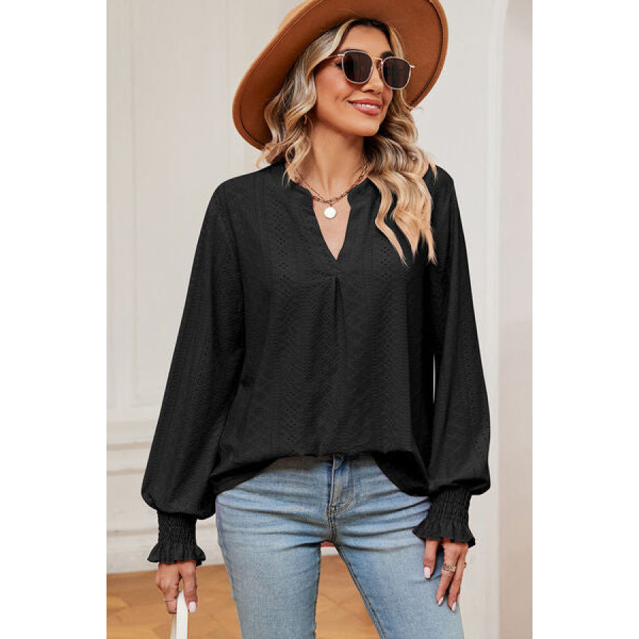 Eyelet Notched Long Sleeve T - Shirt Apparel and Accessories
