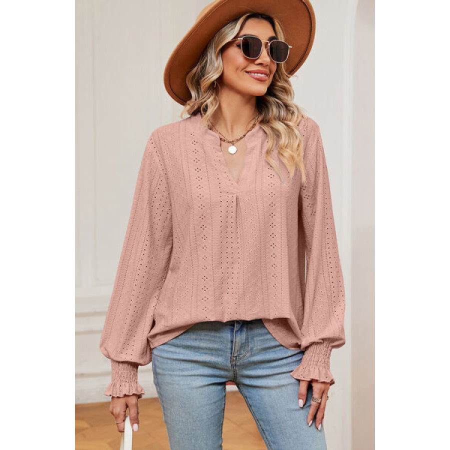 Eyelet Notched Long Sleeve T - Shirt Apparel and Accessories