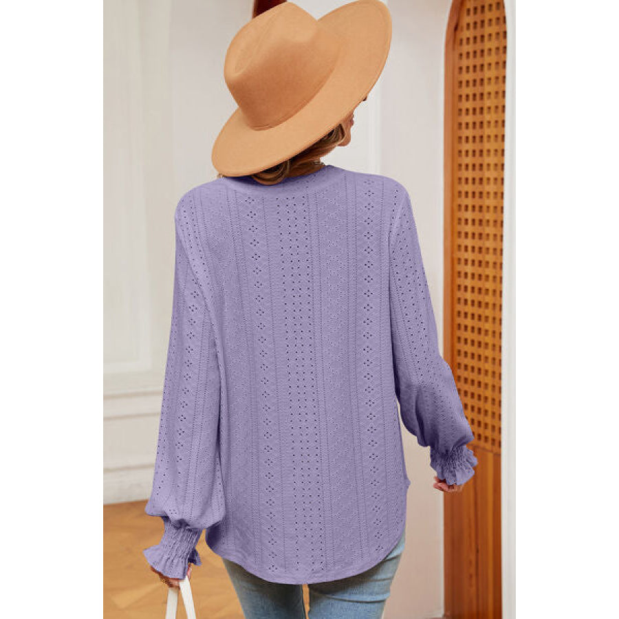 Eyelet Notched Long Sleeve T - Shirt Apparel and Accessories