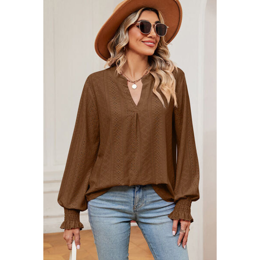 Eyelet Notched Long Sleeve T - Shirt Apparel and Accessories