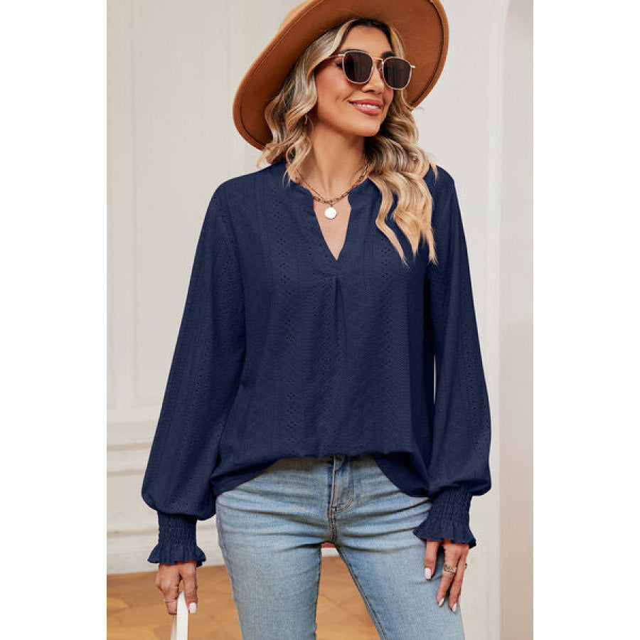 Eyelet Notched Long Sleeve T - Shirt Apparel and Accessories