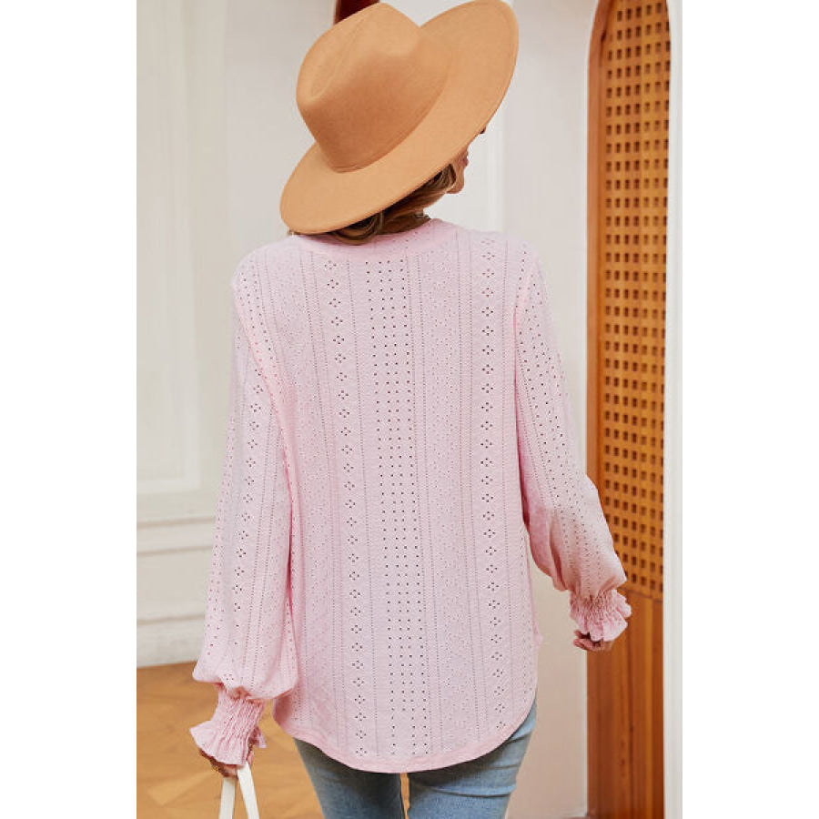 Eyelet Notched Long Sleeve T - Shirt Apparel and Accessories