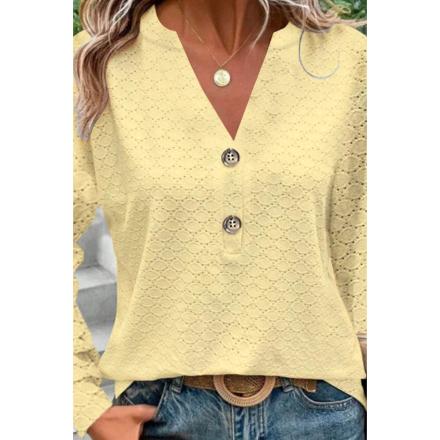 Eyelet Notched Long Sleeve T - Shirt Apparel and Accessories