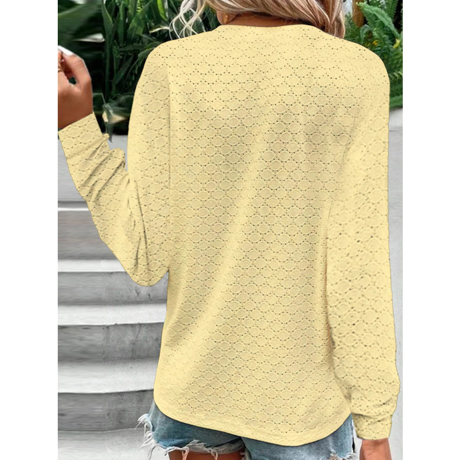 Eyelet Notched Long Sleeve T - Shirt Apparel and Accessories
