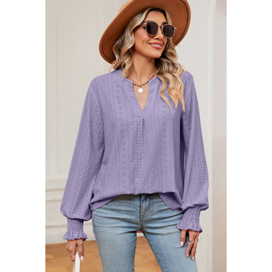 Eyelet Notched Long Sleeve T - Shirt Apparel and Accessories